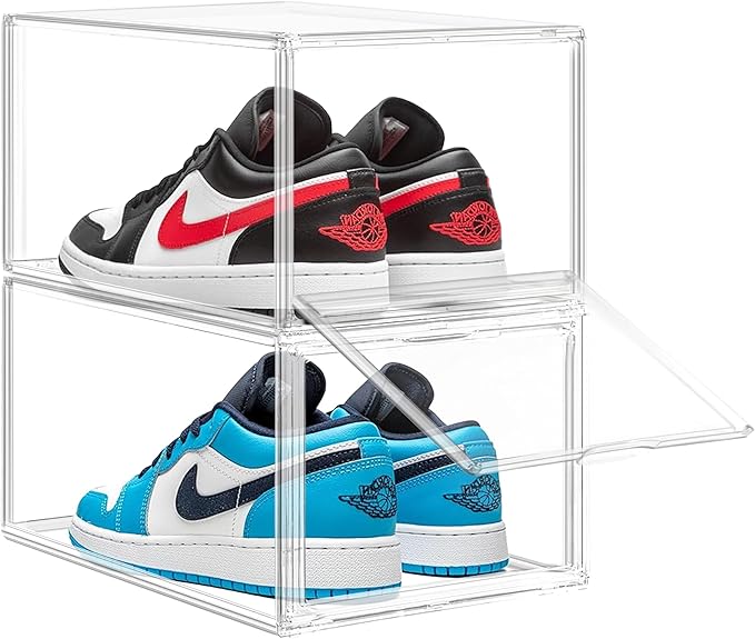 2 Pack Drop Front Shoe Boxes Acrylic Box Sneaker Case Size 12, Transparent Display Cases for Sneaker Collections, Baseball Caps, Hat Organizer Dust-free Shoe Cubbies Stackable Sneaker Boxes