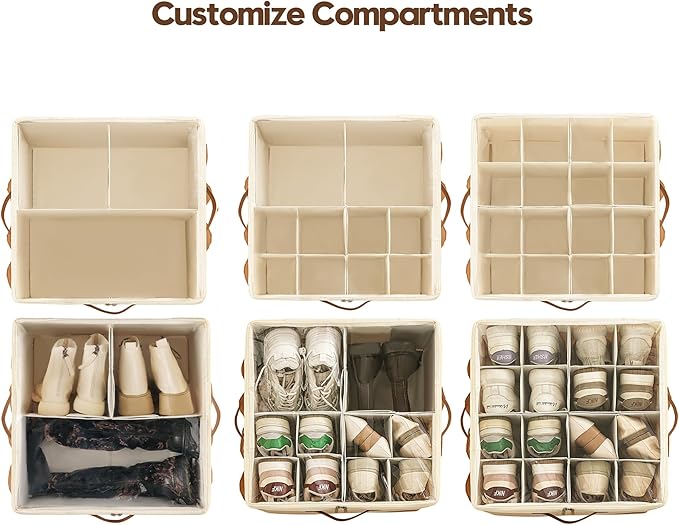 Varhomax Shoe Organizer Box 2 Pack for Closet, Fabric Shoe Storage Bin with Adjustable Dividers & Clear Cover, Holds up 16-32 Pairs of Sneakers & Sandals for Entryway, Cubby