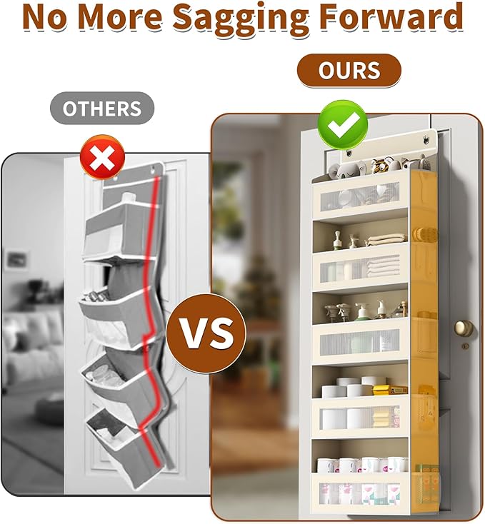 Over The Door Organizer with 5 Large Pockets, Over the Door Storage 10 Side Pocket 44 lb Load Behind Door Storage, Closet Door Organizer Hanging Shelf for Wall Bathroom Bedroom Nursery, 5-Tier Beige