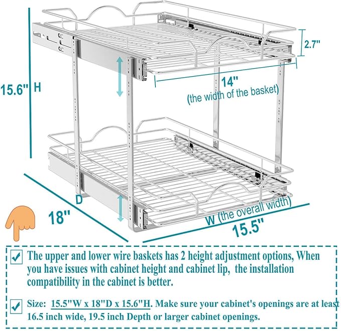 OCG 2 Tier Pull Out Cabinet Organizer (15.5" W x 18" D), Pull Out Drawers for Kitchen Cabinets, Pull Out Shelves for Base Cabinet Organization in Kitchen Bathroom Pantry, Chrome Finish