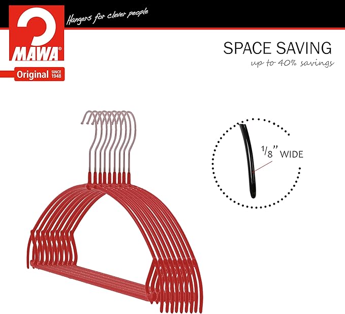 Mawa by Reston Lloyd Euro Ultra Light/Thin Series, Non-Slip Space Saving Clothes Hanger with Bar & Hook for Pants and Skirts, Style 42/PTU, Set of 130, Red