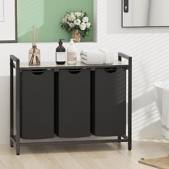 Laundry Hamper, Laundry Basket, Laundry Sorter with 2 Pull-Out and Removable Bags, Shelf, Laundry Room Storage with Table, for Bathroom, Bedroom, 3 x 10.5 Gal (40L), Greige