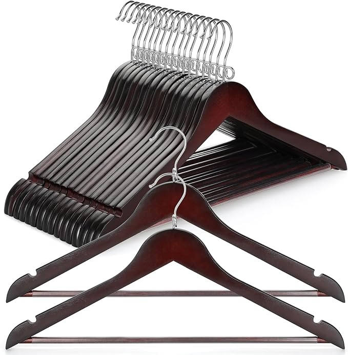 TOPIA HANGER Cherry Wood Hangers 30 Pack, Space Saving Coat Hanger with 360° Swivel Cascading Loop Hook, Non Slip Pants Bar and Shoulder Notches for Camisole, Jacket, Suit (Mahogany) -CT74M30