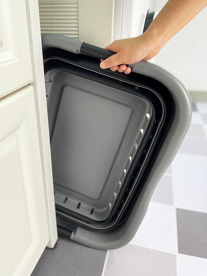 SAMMART Collapsible 3 Handled Plastic Laundry Basket - Foldable Pop Up Storage Container/Organizer - Portable Basket - Space Saving Hamper/Basket (Grey/Black, 3 handled rectangular)