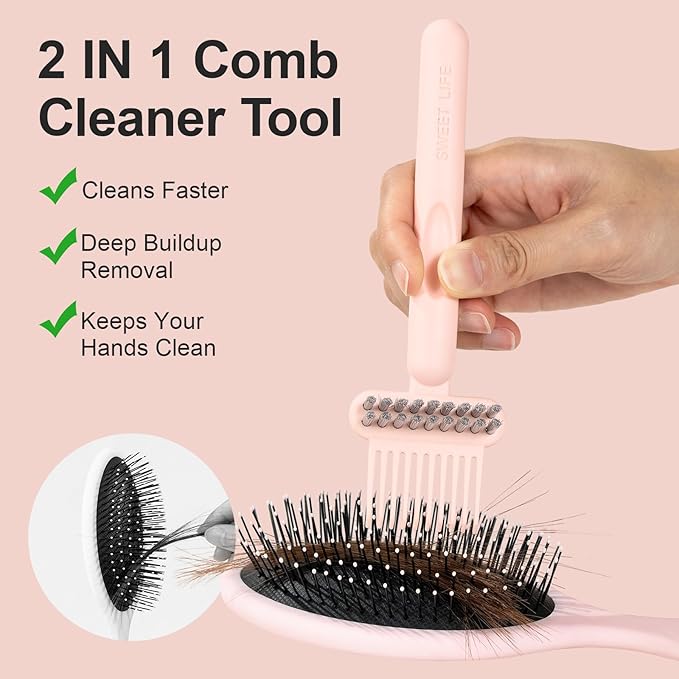 RHOS 2-in-1 Hair Brush Cleaner and Remover Tool - Comb for Removing Hair and Dust, Suitable for Home and Salon Use (2 Pack - Pink)