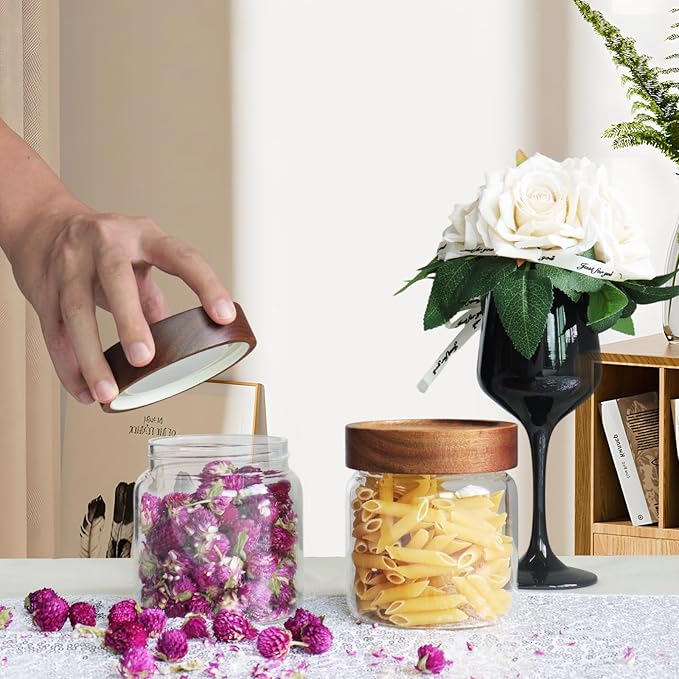 Patoper Glass Coffee Jars Spice Jar Round Storage Canister with Wooden Lid Clear Glass Food Jar for Pantry Sugar Tea Coffee Bean Spice Nuts Cookies Bath Salts (500ml/16oz-2pack)