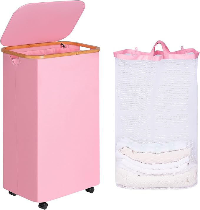 Laundry Basket with Wheels, 110L Clothes Hamper for Laundry, Laundry Hamper with Bamboo Lid and Inner Bag, for Laundry Room, Bedroom, Dormitory Storage,Pink