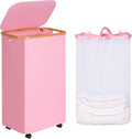 Laundry Basket with Wheels, 110L Clothes Hamper for Laundry, Laundry Hamper with Bamboo Lid and Inner Bag, for Laundry Room, Bedroom, Dormitory Storage,Pink