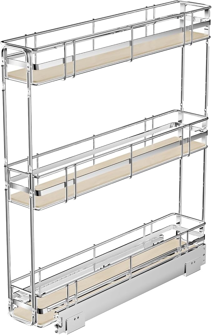 Pull Out Spice Rack Cabinet Organizer 5" W x 20½" D, 3 Tier Heavy Duty Slide Out Wood Shelf for Narrow Cabinet, Pull Out Storage for Kitchen