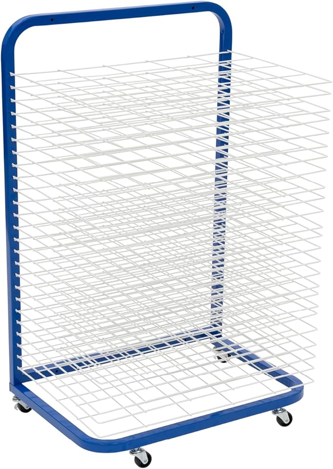 Pearington Mobile 25-Shelf Art Drying Rack for Classrooms and Art Studios, Heavy-Duty Steel Rolling Art Rack Cart with 25 Wide Shelves, Blue