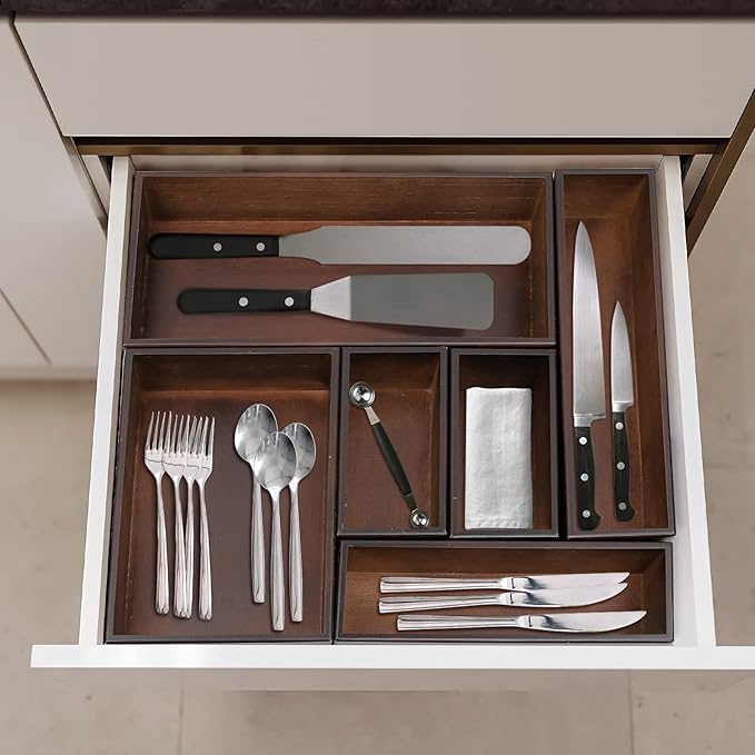 Bamboo Drawer Organizer - Kitchen Utensil Organizer Silverware Tray Cutlery Holder，Office Desk Supplies and Accessories,5.9 * 3 * 2.6,Nut-brown