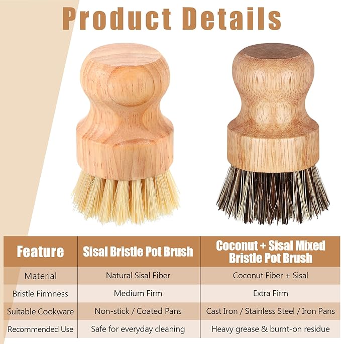 Nuenen 6 Packs Bamboo Dish Scrub Brushes Wooden Scrubbers Set Kitchen Dishwashing Scrubber with Natural Sisal Bristles for Iron Pot Pan Sink