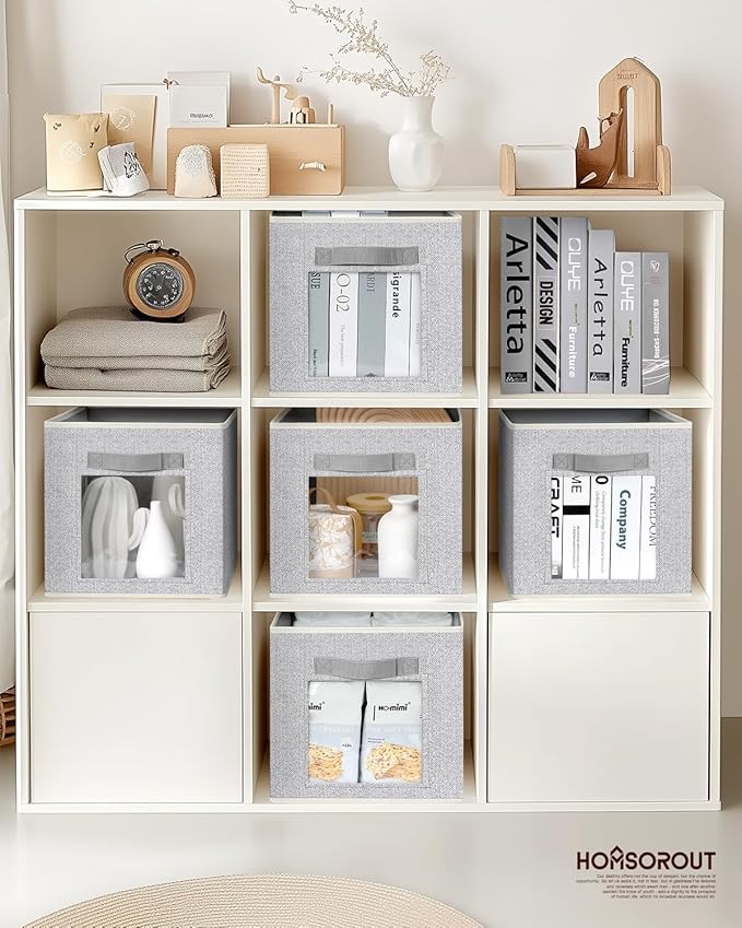 Foldable Storage Cubes - Cubby Storage Organizer with Window, Decorative Fabric Bins for Clothes Storage, Closet Organizers for Shelves, 11inch, Set of 8, Light Grey