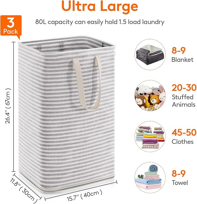 Lifewit 3 Pack Laundry Hamper Large Collapsible Laundry Baskets, Freestanding Waterproof Clothes Hamper with Easy Carry Handles in Laundry Room Bedroom Bathroom College Dorm, Grey, 3 x 80L