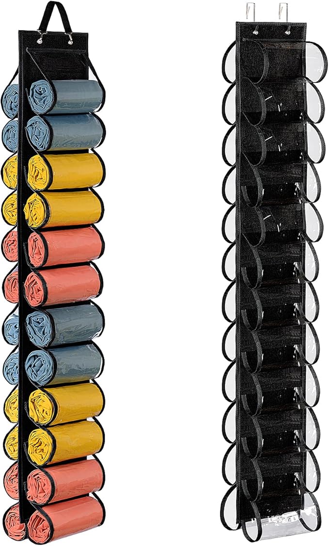 Lirex Hanging Yoga Legging Storage Organizer with 24 Pockets, Foldable Oxford Cloth Hanging Closet Organizer Shirts Jeans Storage Hanger Socks Holder for Family Closet Bedroom, Black