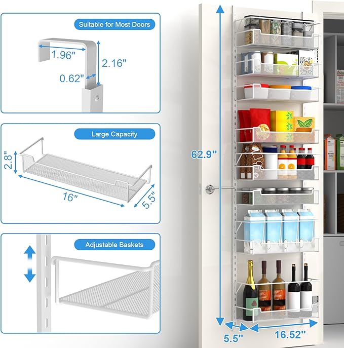 Over the Door Pantry Organizer, 8-Tier Over the Door Organizer with Adjustable Basket, Pantry Door Organization for Pantry Kitchen Storage Room Spice Rack, White