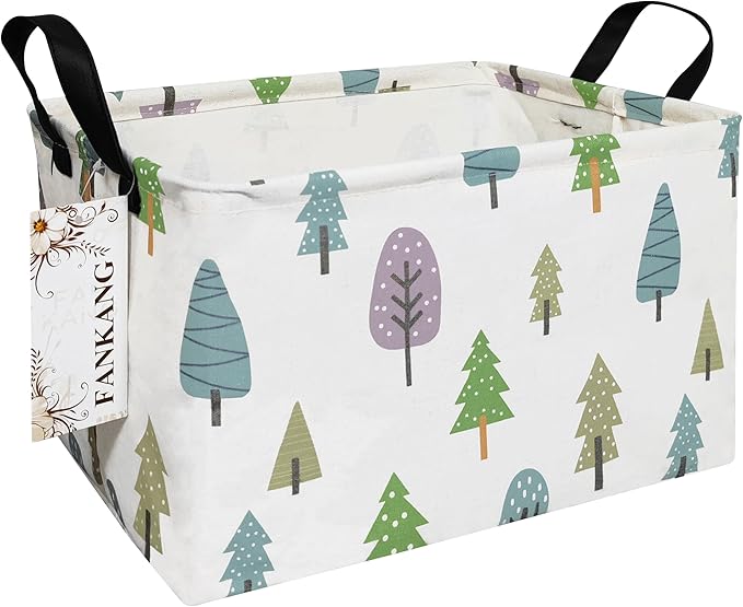 FANKANG Storage Bins, Nursery Hamper Canvas Laundry Basket Foldable with Waterproof PE Coating Large Storage Baskets for Kids Boys and Girls, Office, Bedroom, Clothes,Toys(Rec-Colorful Forest ）