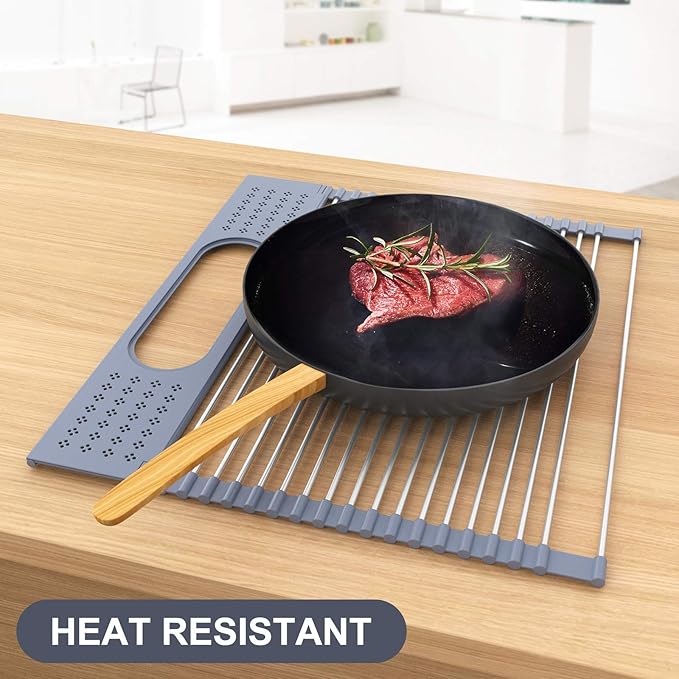 LEMIKKLE Roll Up Dish Drying Rack 17 x 15 Over The Sink Dish Drying Rack, Multi-Purpose Kitchen Rolling Dish Drainer Foldable SUS 304 Stainless Steel Dish Drying Rack