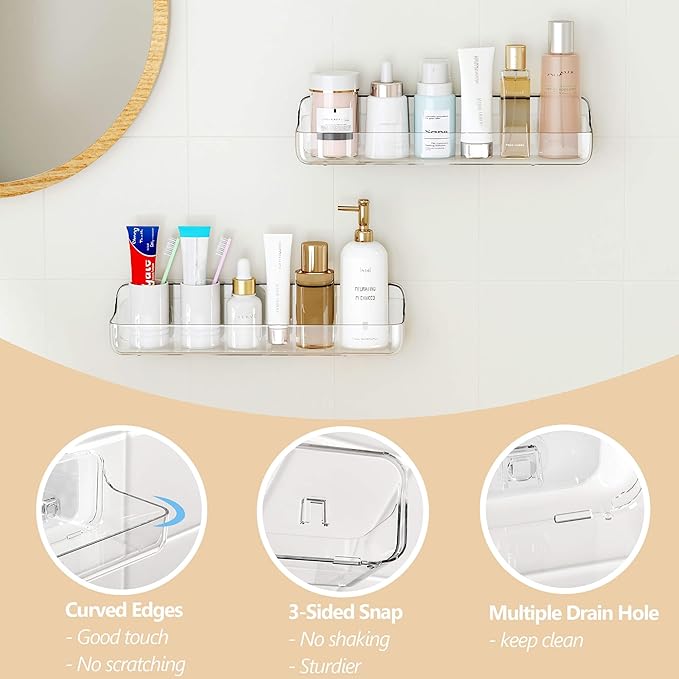 UDD Acrylic Clear Shower Caddy Adhesive Shelf, 2pc Plastic Shower Organizer with Self Adhesive Tape, No Drilling Wall Mount Shower Shelves for Bathroom Kitchen, Transparent