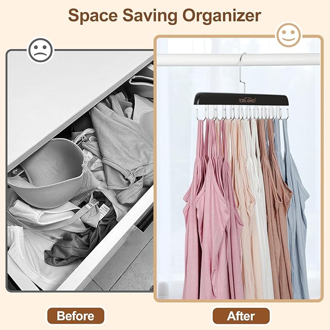 TOPIA HANGER Bra Hanger for Closet, 2 Pack Tank Top Hangers 40 Hooks Capacity Foldable Wood Space Saving Hangers Closet Organizer for Tank Top, Bra, Scarf, Belt, Tie etc - CT46B-2
