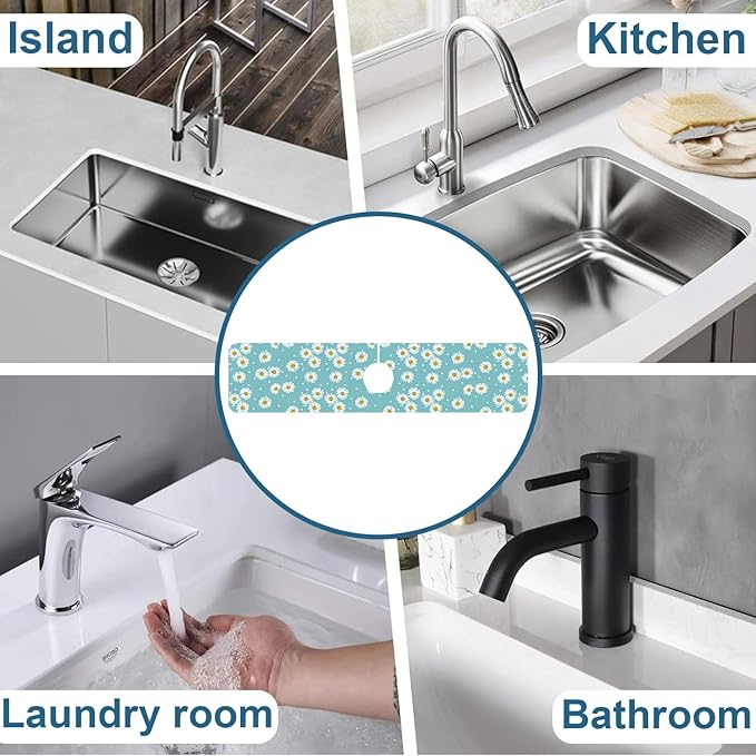 Cute Daisy Sink Splash Guard Faucet Mat White Daisies Super Absorbent Fast Drying Mat Sink Gadgets-Splash Guard Behind Faucet Drip Catcher for Kitchen Bathroom, 23.5"x5.5"