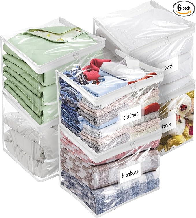 Plastic Storage Bags with Easy-Glide Zipper, Pack of 6, Durable Clear Vinyl Zippered Storage Bags for Clothes Sweaters Comforters Blankets Sheets Bedding (12 x 12 x 12 Inch)