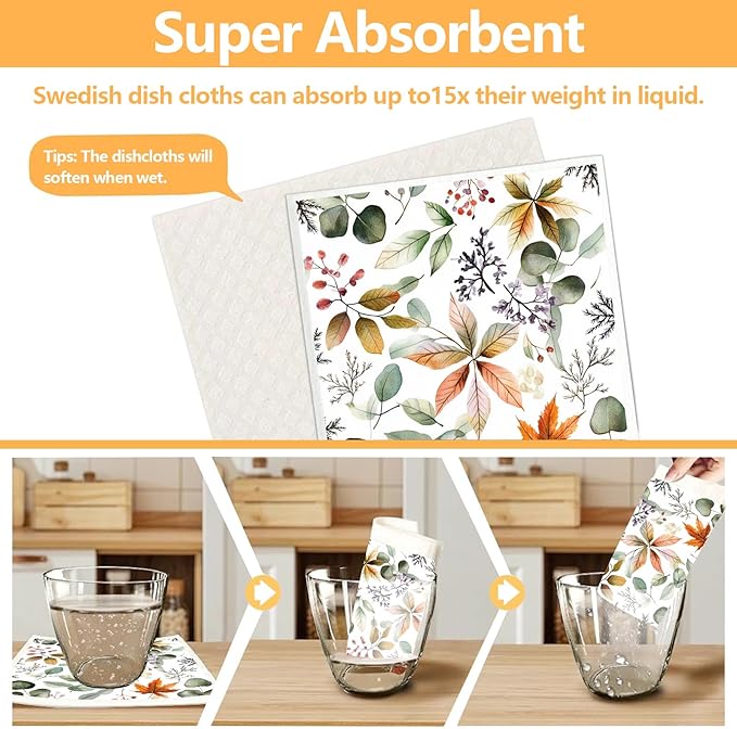 6 Pack Swedish Dishcloths for Kitchen - Reusable Dish Paper Towels Wash Cloths Washable,Absorbent Cellulose Cleaning Sponge Cloth Wipes Quick Dry, Decorative Tea Towels,No Odor Biodegradable(Flowers)
