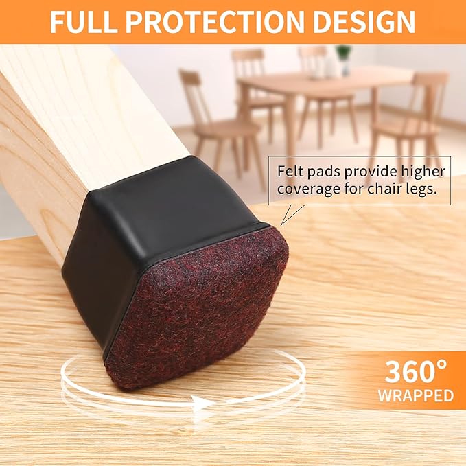 Ezprotekt 24 Pcs Square Chair Leg Floor Protectors for Hardwood Floors, Silicone Felt Furniture Pads, Table Chair Leg Cups Covers, Bar Stools Leg Protectors Caps (XL Fit: 1.5" - 2", Black)