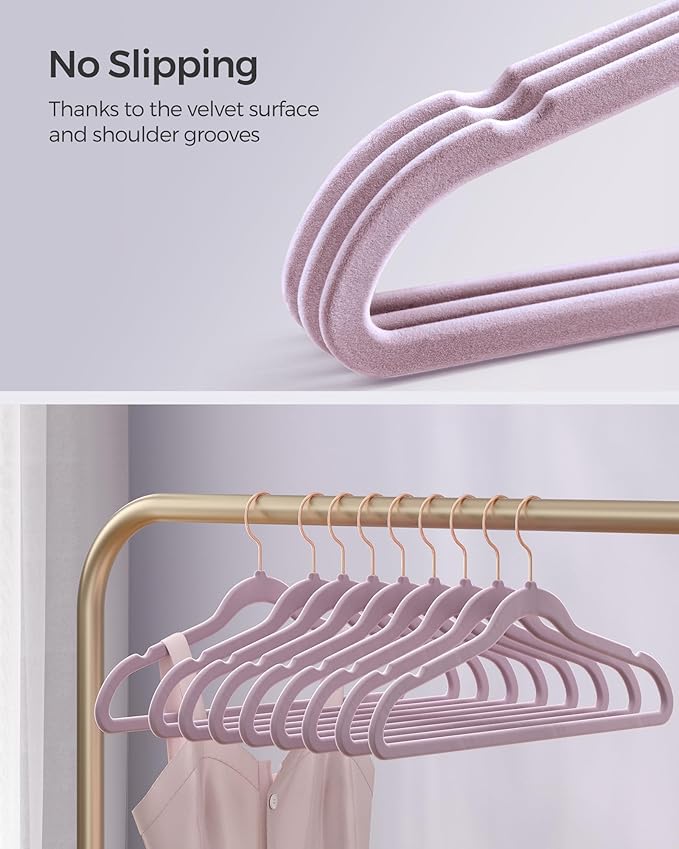 SONGMICS Slim Velvet Hangers, Non-Slip Clothes Hangers with Rose Gold Swivel Hooks, Space-Saving, for Closet, 50 Pack, Light Purple UCRF026P50
