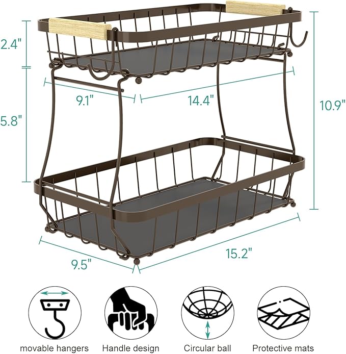 2 Tier Large Fruit Basket for Kitchen Counter with 2 Mobile Banana Hangers, 2026 Pro Detachable Metal Fruit Bowl with Wooden Handle (Brown, 2 Tier Extra Large)