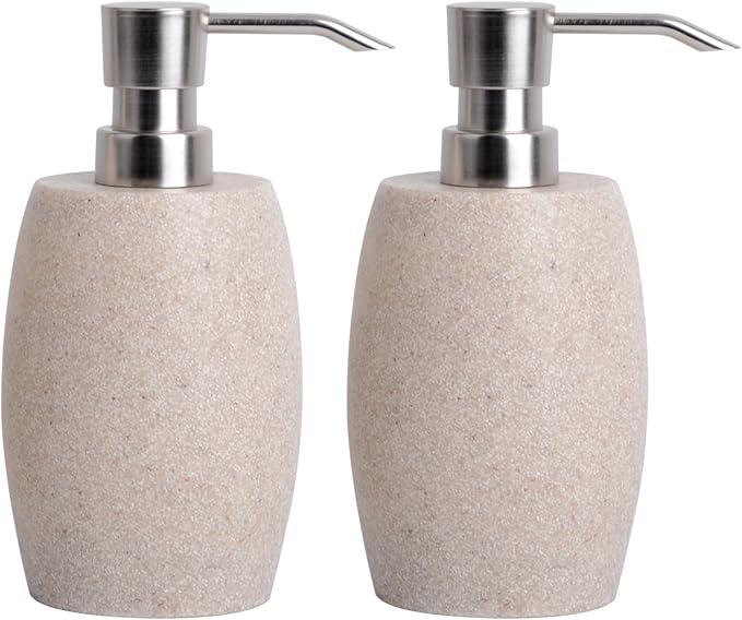 Sandstone Textured Resin Soap Dispenser with Metallic Pump and Waterproof Bottle Labels for Bathroom Kitchen Dish Hand Wash Shower Lotion Shampoo, 12 Oz, 2 Sets Beige