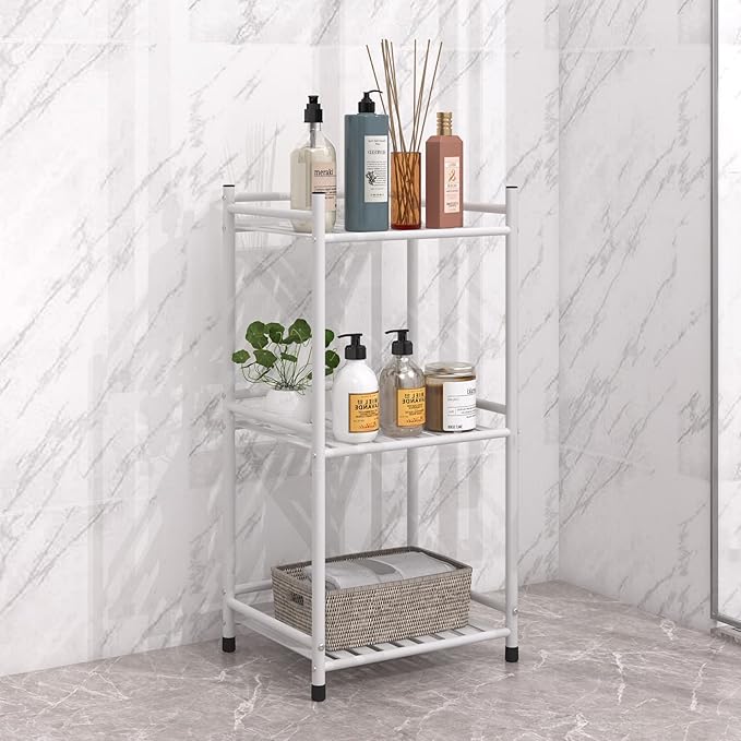 3 Tier Bathroom Storage Open Shelf Unit, Free-Standing Metal Corner Rack Shelving for Kitchen, Living Room, Hallway (Matte White, 3 Tier)