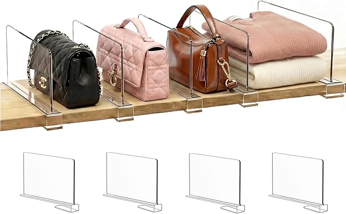 Shelf Dividers Purse Organizer for Closet: 6-inch Tall(Shorter Version) Acrylic Handbag Organizer - Small Space Separator for Clutches Evening Bags Pouches Mini-Bags on Wood Shelves 4-Pack