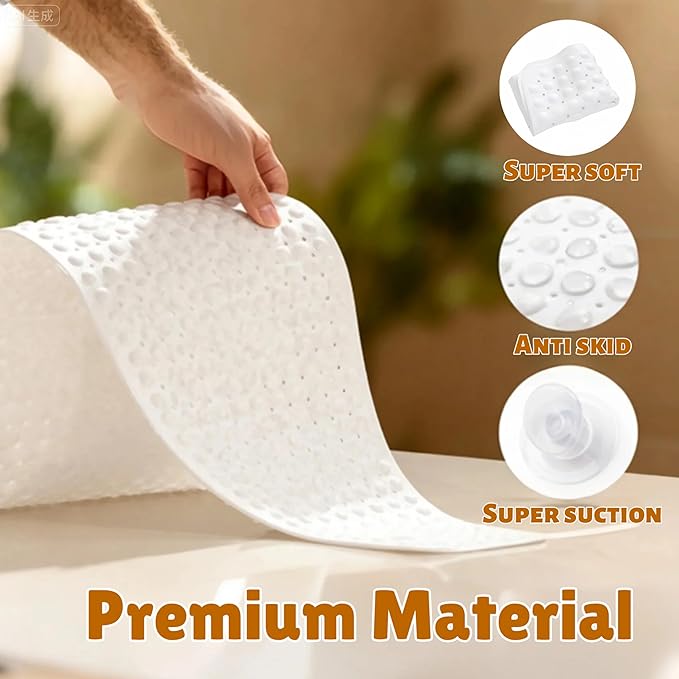 Bath and Shower Safety Mats 40x16 inch, Non Slip with Strong Suction Cups for Bathroom Stall and Tub Floor, Extra Large and Machine Washable, Drain Holes Keep Bathtub Clean, Soft on Feet, White