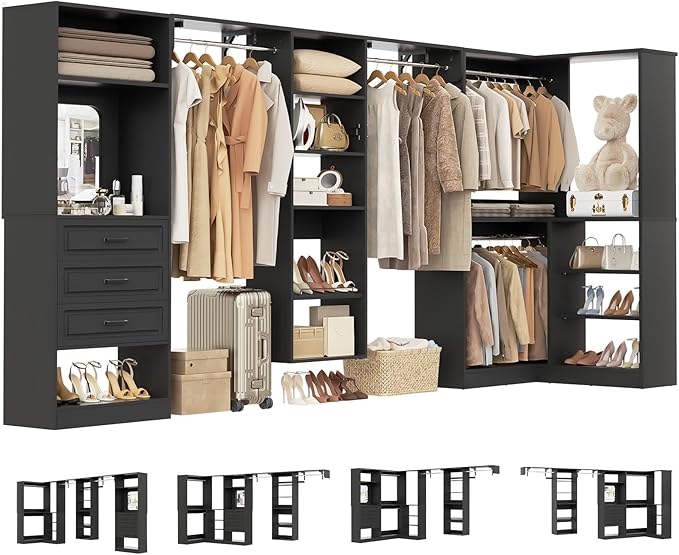 Unikito Modular Closet System with 3 Sets, 131”Corner Closet Organizer System With Mirror, Drawers, Hanging Rods & Adjustable Shelves, Freestanding Wood Wardrobe Organizer, Walk in Closet Tower, Black