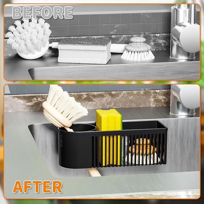 SUOXING Rustproof Sponge Holder for Kitchen Sink,2-in-1 Dish Wand Holder with Suction Cup and Adhesive for Scrub Brush,Scrubber,Dish Sponge,Spinge Holder,In Sink Organizer & Basket Accessories,Plastic