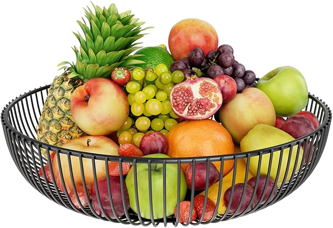 Simple Trending Round Metal Fruit Basket Bowl for Kitchen Counter - Rust-Proof, Non-Slip & Breathable Wire Organizer for Fruits, Veggies, Snacks, Black (11“ Diameter x 3.2” H)