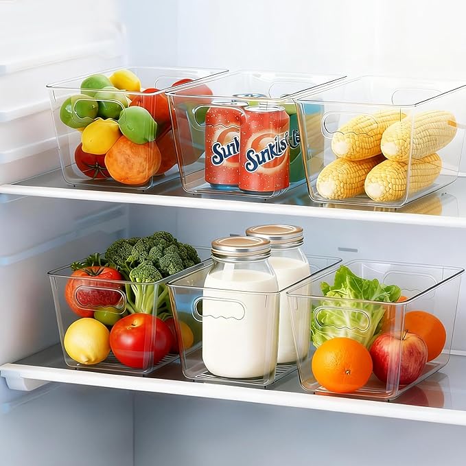 KJIXYUNG Clear Pantry Organizer Bins, Storage Containers & Plastic Containers with Handle, Cabinet Organizer, Home Organization Must Haves for Kitchen, Laundry Room, Office, Closet & Freezer (6 Pack)