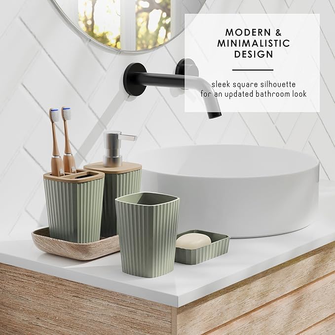 Clara Clark Bathroom Set - Sage Green Bathroom Accessories Set, 6PC Bathroom Accessory Set, Bathroom Sets with Adhesive Corner Shower Caddy Hanging, Toilet Brush, Trash Can & Soap Dispenser