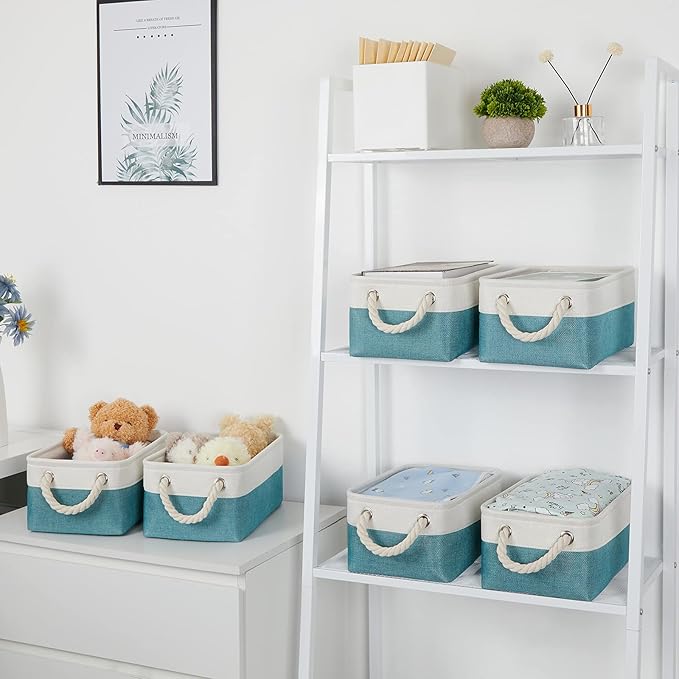 Bidtakay Fabric Baskets for Organizing Closet Set of 6 Small Storage Bins 11.8 X 7.8 X 5 Inches Decorative Storage Baskets for Shelves Foldable Bins for Cube Organizer Rectangular(White&Teal Blue)