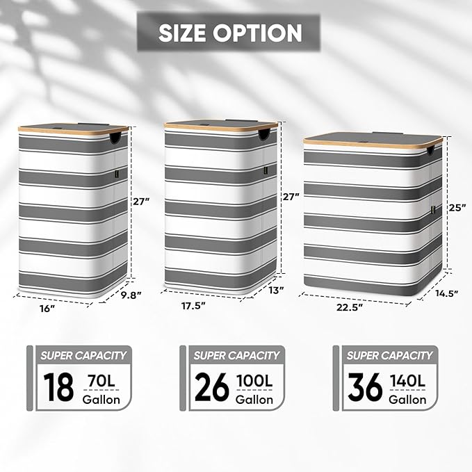 BALEINE Laundry Hamper with Lid, Tall Laundry Baskets with Bamboo Pull Handles, Large Laundry Bin with Internal Support (26 Gal/100L, Grey Stripe)