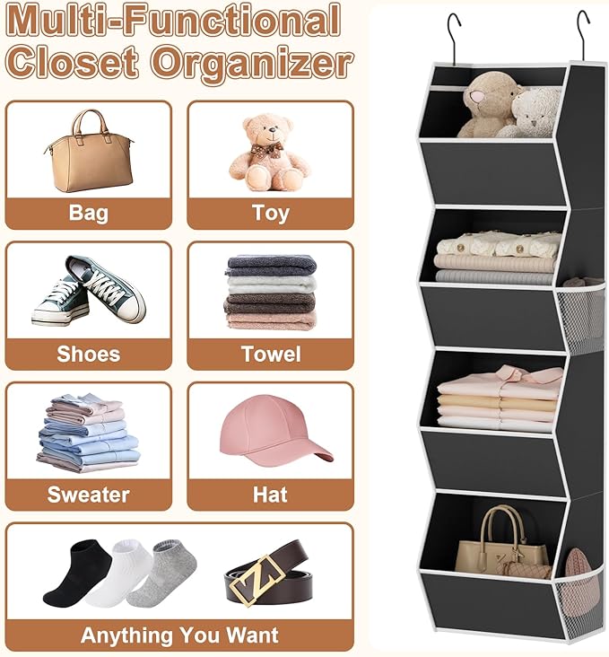 Hanging Closet Organizer 4 Shelf Collapsible Bedroom Closet Organizers and Storage Hanging with Mesh Pocket for Clothes, Closet Hanging Organizers and Storage for Fabric Wardrobe Space Saver, Black
