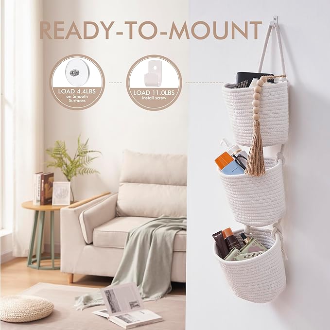 Fabric Wall Hanging Organizers - Small Woven Baskets Pouches Set Boho Style Wall Mounted Bag with Adhesive Hook, Storage Decoration Pocket Caddy for Closet Playroom RV Nursery (White & White)
