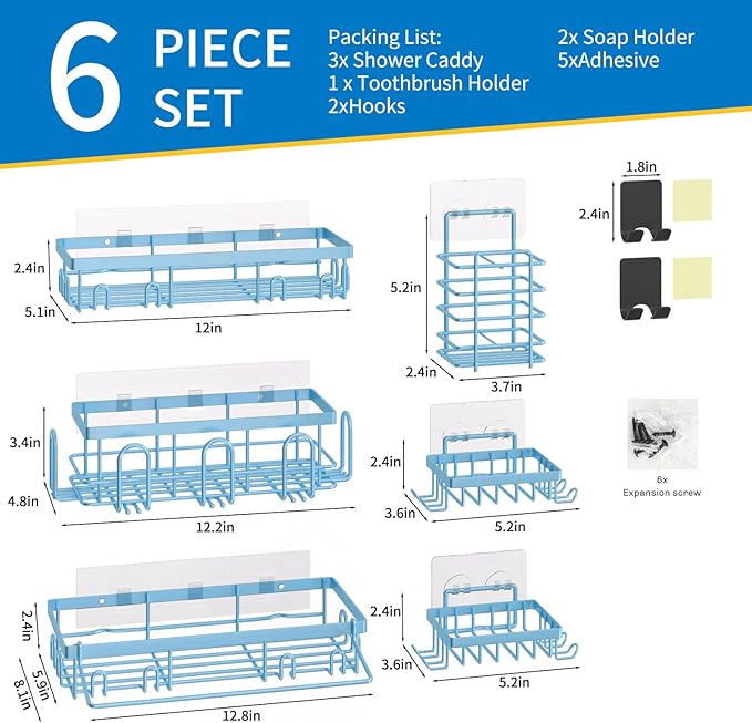 Shower Caddy 18 Pack,Adhesive Organizer for Bathroom Decor Accessories & Kitchen Storage,No Drilling,Large Capacity,Rustproof Stainless Steel Organizer,Home Decor Shelves (Blue 18 Pack)
