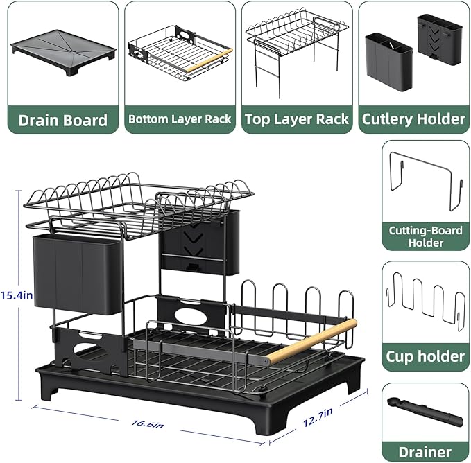 2 Tier Dish Drying Rack, Drying Rack with Automatic Drainboard, Dish Racks for Kitchen Counter, Rustproof Dish Drainer with Removable Utensil Holder, Cups Holder, Black