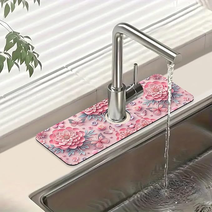 Pink Floral Sink Faucet Absorbing Mat Flower Butterfly Super Absorbent Fast Drying Mat Sink Gadgets Behind Faucet Sinkmat for Kitchen Bathroom, 15.5"x5.5"