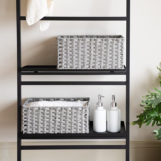Wicker Baskets 2 Pack, Wicker Storage Basket with Handles, Waterproof Woven Baskets for Organizing, Large Storage Basket 15" and Medium 14", Grey