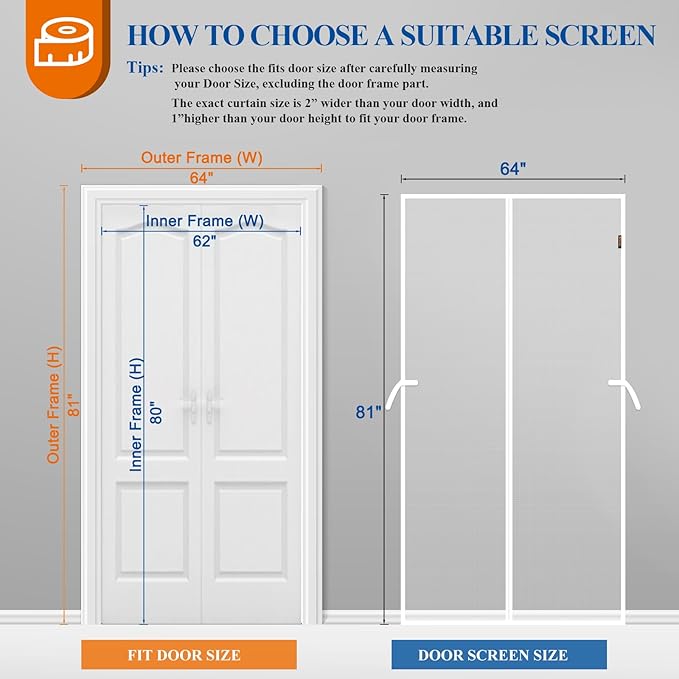 MAGZO Magnetic Screen Door, Fits Door Size 62'' x 80'', Tear-Resistant High-Density Fiber Mesh, Pet&Kids Friendly, Easy Installation for Sliding Glass/Double/Patio/French/Front/Back Doors, White