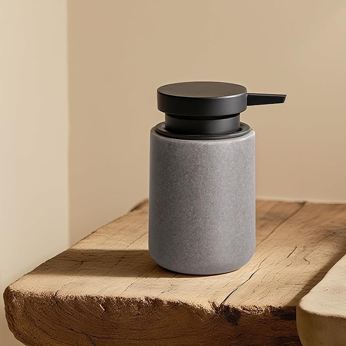 Liquid Soap Dispenser with Easy-to-Press Pump, 10 oz Refillable Hand Soap Dispenser with Extended Spout for Bathroom Kitchen Dish Lotion, Modern Stone Texture (Gray)