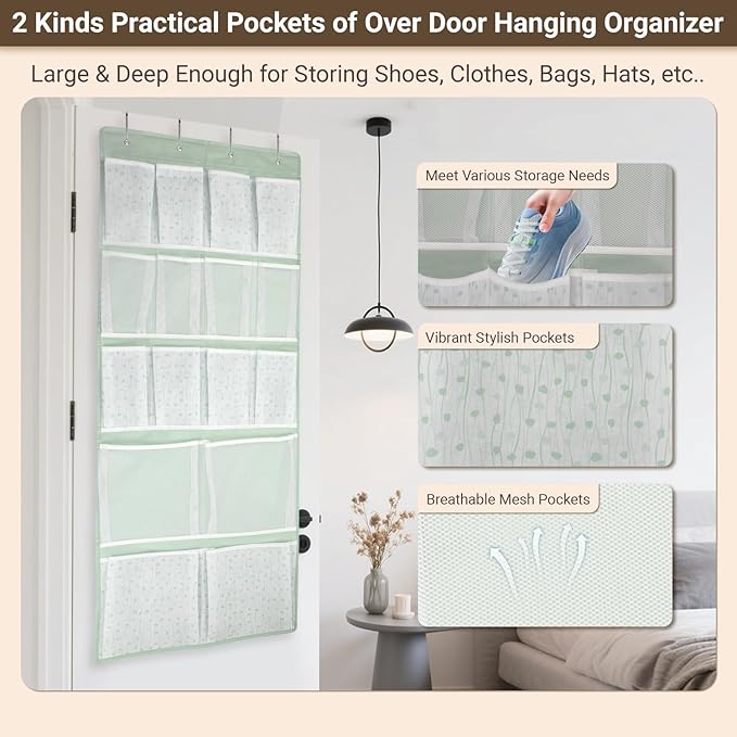 16 Pockets Over Door Hanging Organizer,Back of Door Shoes Organizer with 4 Kind of Pouches,Behind Closet Hanging Shelf Holder for Sock,Hat,Underwear,Travel Outfit,Storage Organization for Home,Dorm,RV